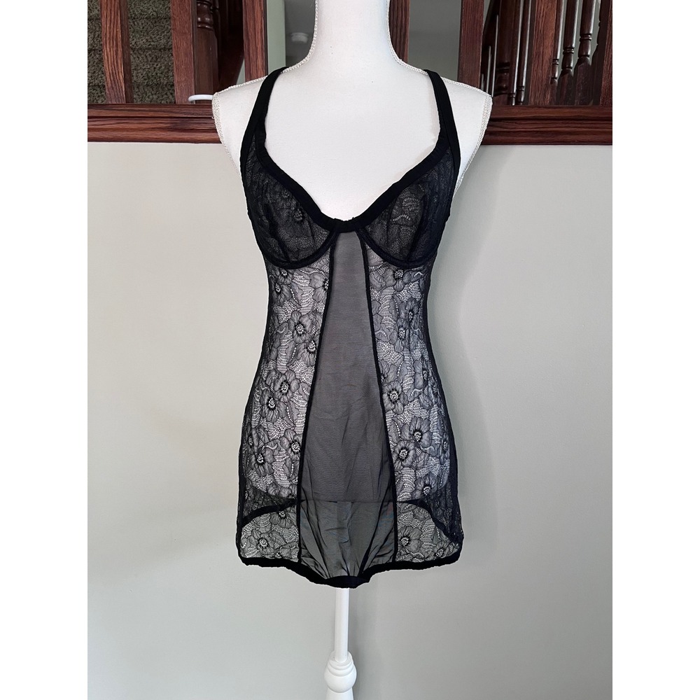 Victorias Secret Sexy Little Things Black Lace Mesh Underwire Babydoll Chemise M